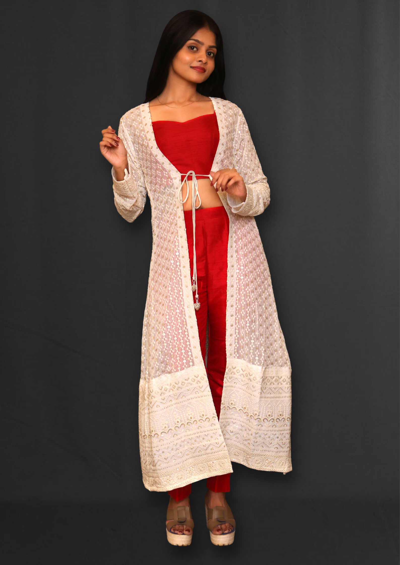 Off White Cotton Printed Kurta With Jacket – Ginni Arora Label